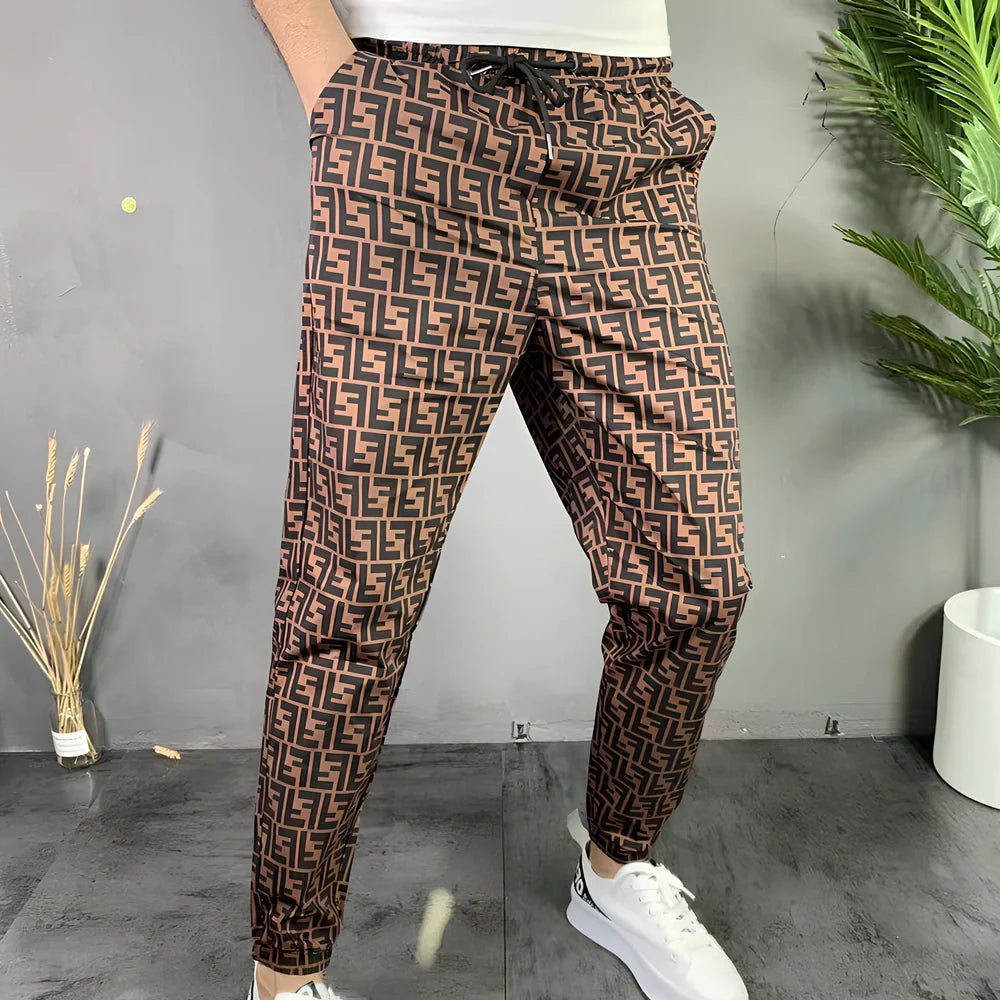 Men's straight-leg plaid trousers in cotton blend fabric showing multiple size options