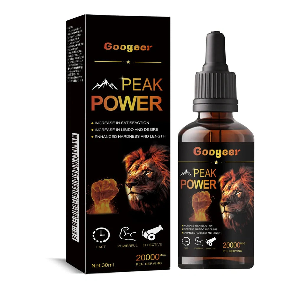 Googeer Peak Power 30ml liquid energy supplement bottle with dropper containing 200mg caffeine per serving