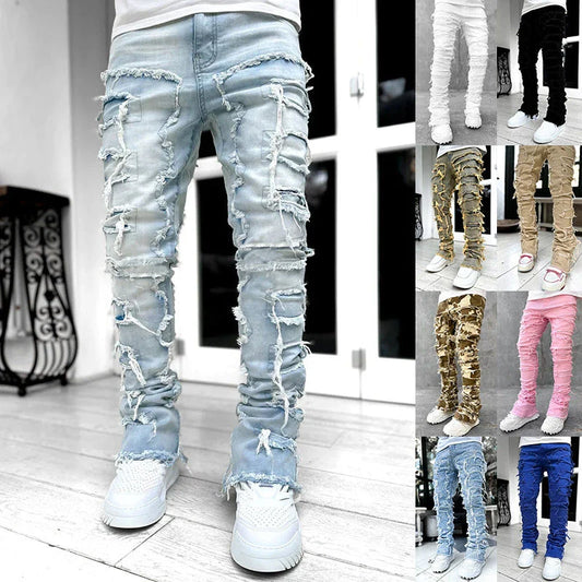 Men's slim-fit cotton jeans with unique patched design in various classic colors