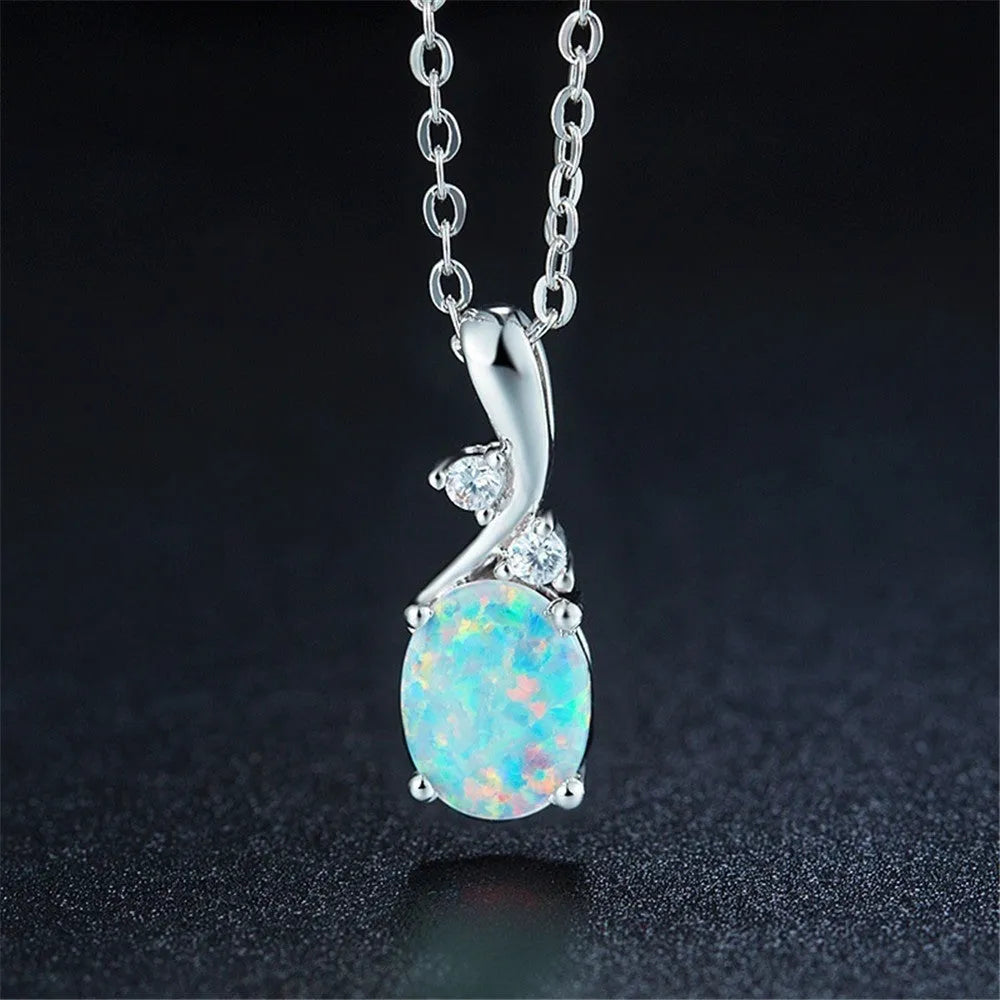 Water drop opal pendant on an adjustable O-shaped alloy necklace in rose gold or white.