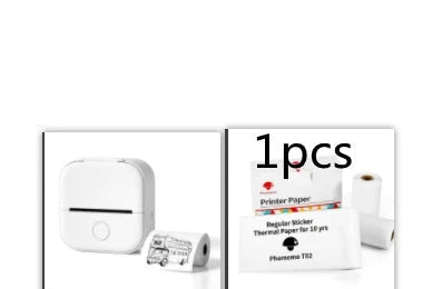 Compact Bluetooth-enabled thermal label printer in white, pink, and green colors with various label options