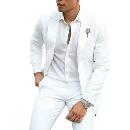 Men's white slim-fit two-piece wedding suit jacket and trousers on a hanger.