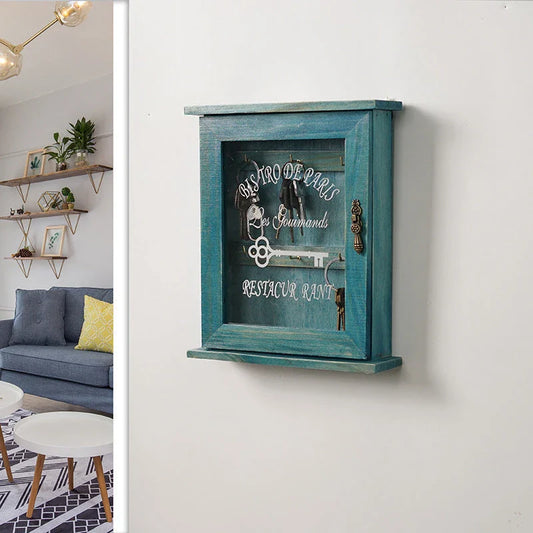 Vintage-style wooden key cabinet with 6 hanging hooks, available in blue and bronze colours