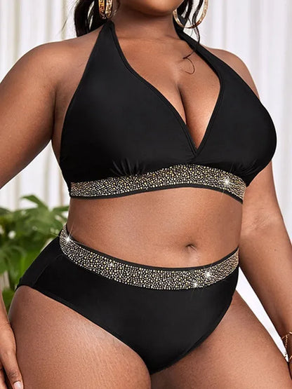 Black plus size women's bikini set with bra and shorts for swimming and hot springs