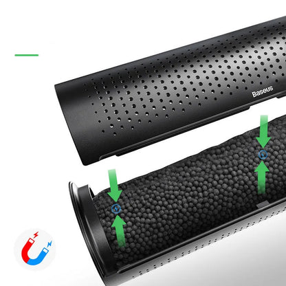 Black BASEUS car air purifier with ABS casing and activated carbon crystal for in-car purification and deodorisation