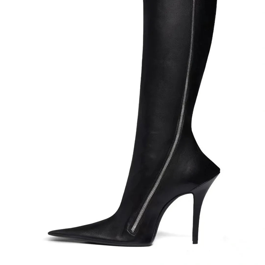 Black women's knee-length stiletto heel boots with pointed toe and side zipper, artificial PU upper, rubber sole