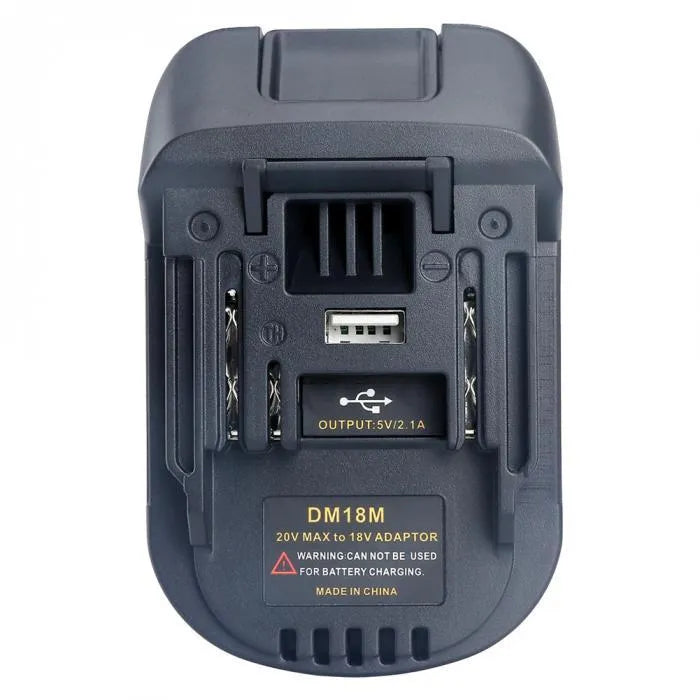 Black battery adapter for converting Milwaukee DM18M tools to MAKITA H99F batteries