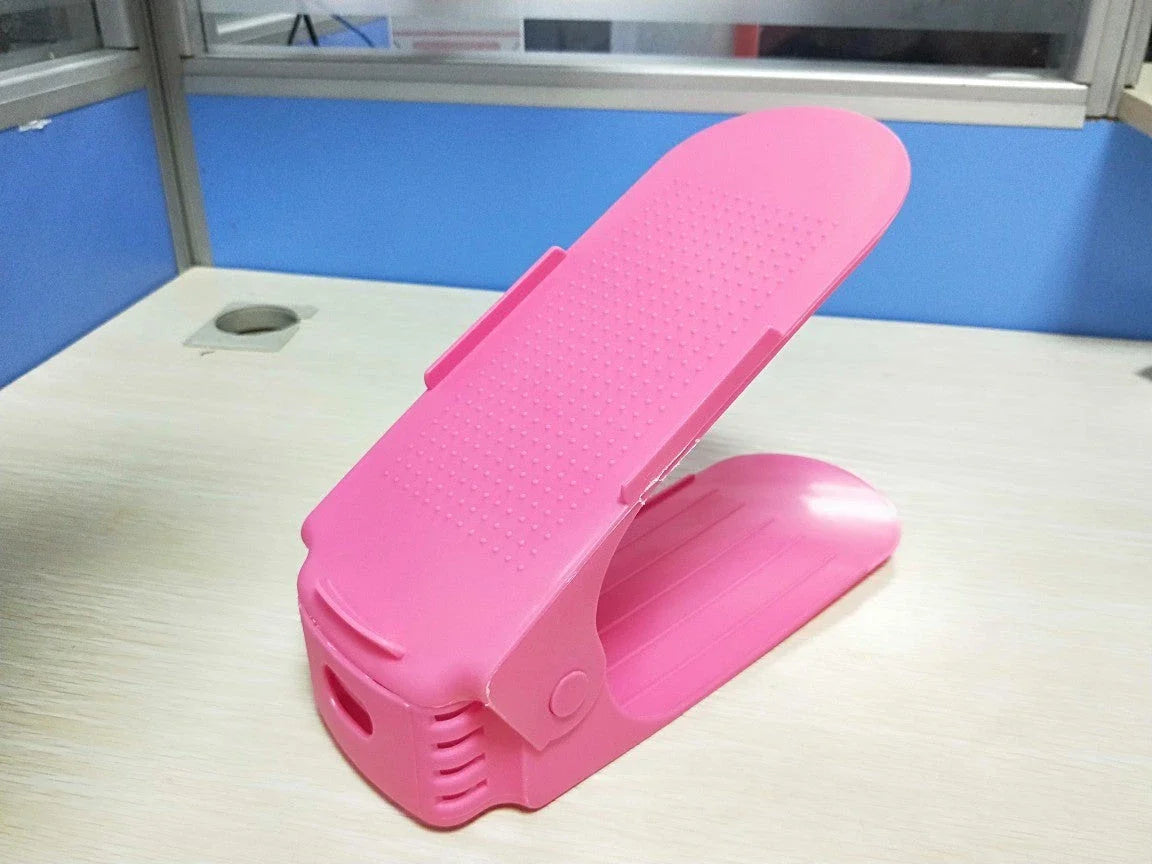 Adjustable dual-tier shoe organizer rack made of durable polypropylene material