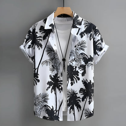 Men's short-sleeved Hawaiian shirt with a colourful 3D printed pattern.