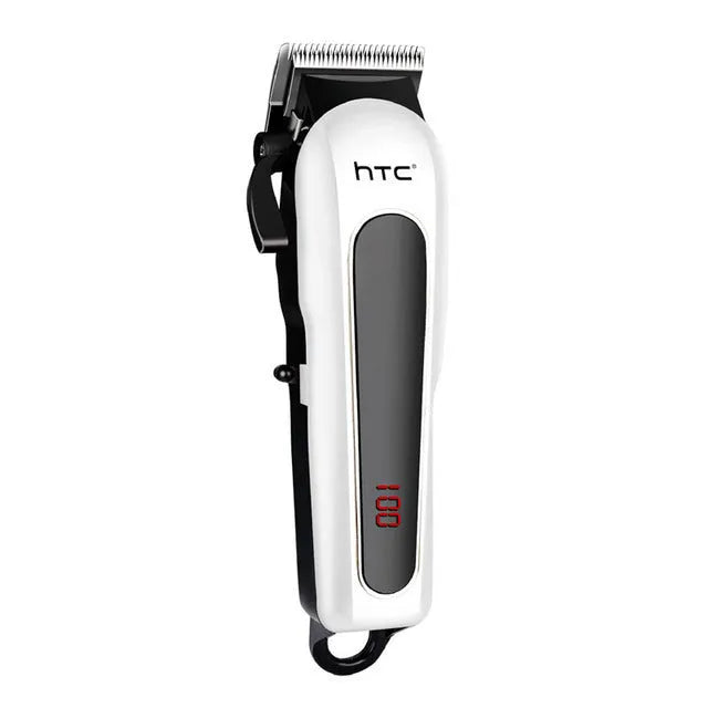 Professional digital electric hair clipper with brushless motor, charger, combs, and cleaning kit in black, red, and white colours.