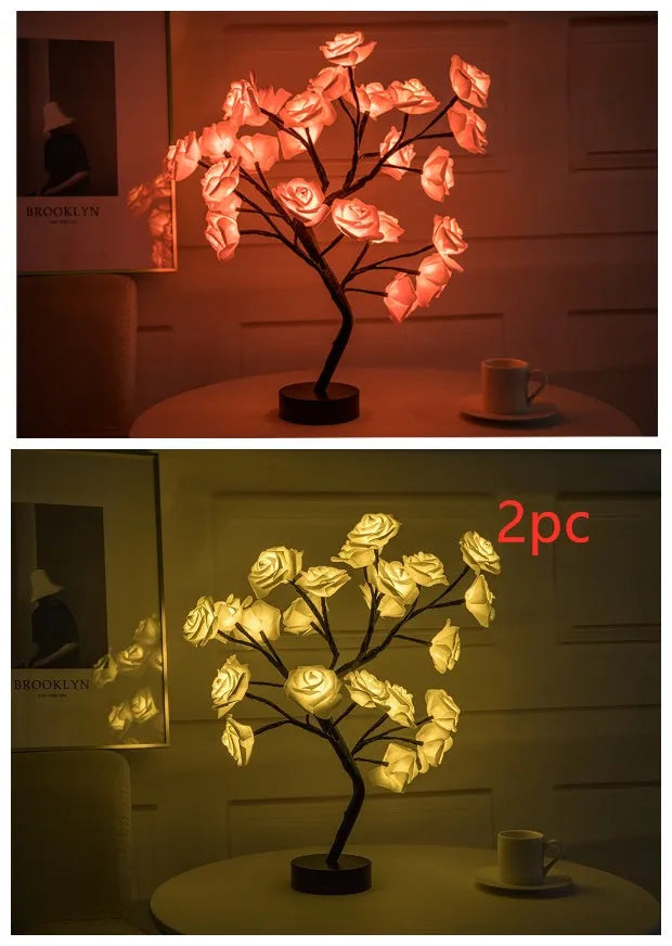 White and red rose flower LED lamp on a table with bonsai tree shape and warm white glow.