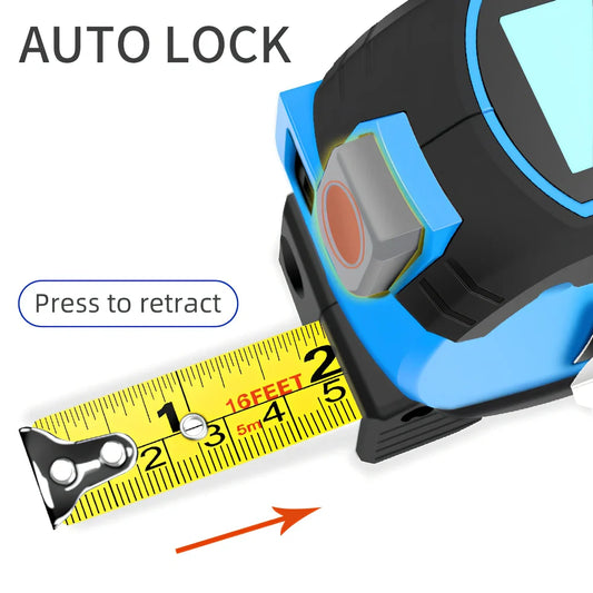 Blue and yellow laser tape measure showing laser cross projection and extended 5m steel tape