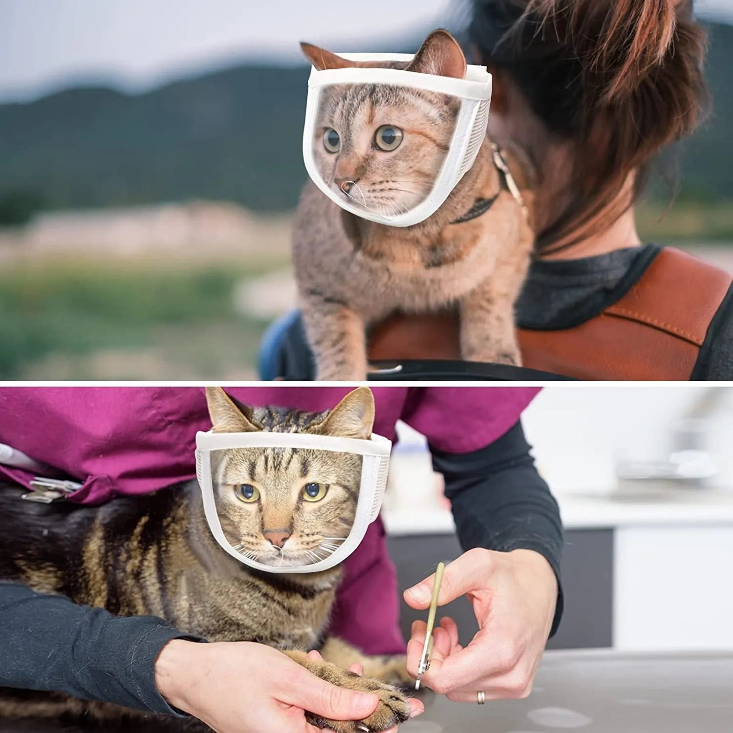 Clear transparent PVC and cotton cat muzzle with a centre breathing hole, shown in small and medium sizes.