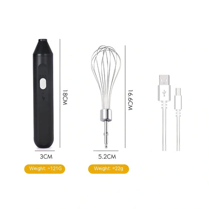 Black handheld electric egg beater with stainless steel beaters and 3-speed control buttons
