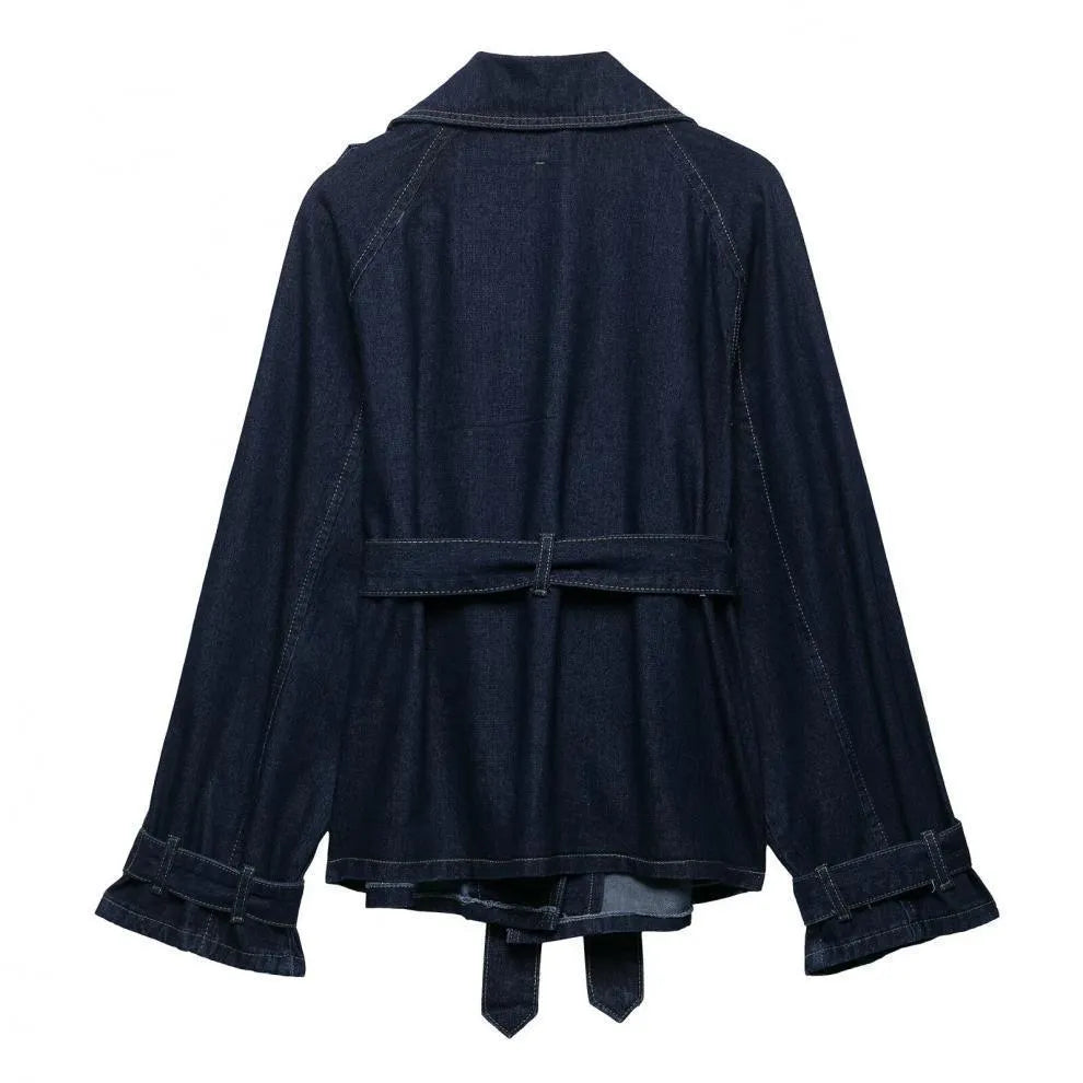 Women's blue denim belted short trench coat with long sleeves and matching wide-leg trousers, sizes S M L