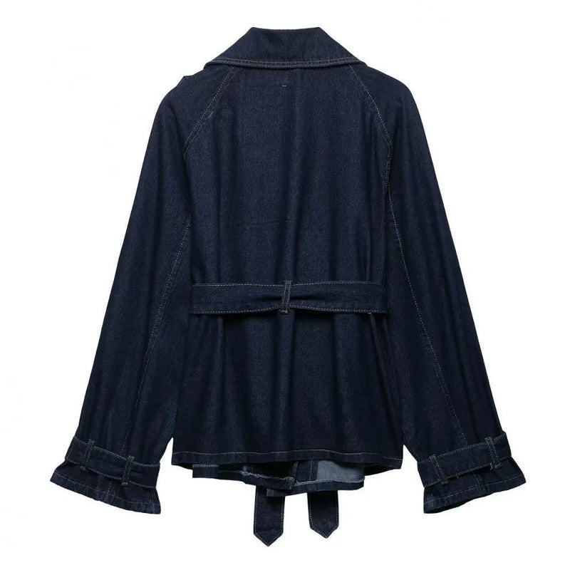 Women's Casual Denim Trench Coat Blue Belted Short Wide Leg Suit Long Sleeve Street Fashion Solid Colour Top Pants Set Sizes S M L