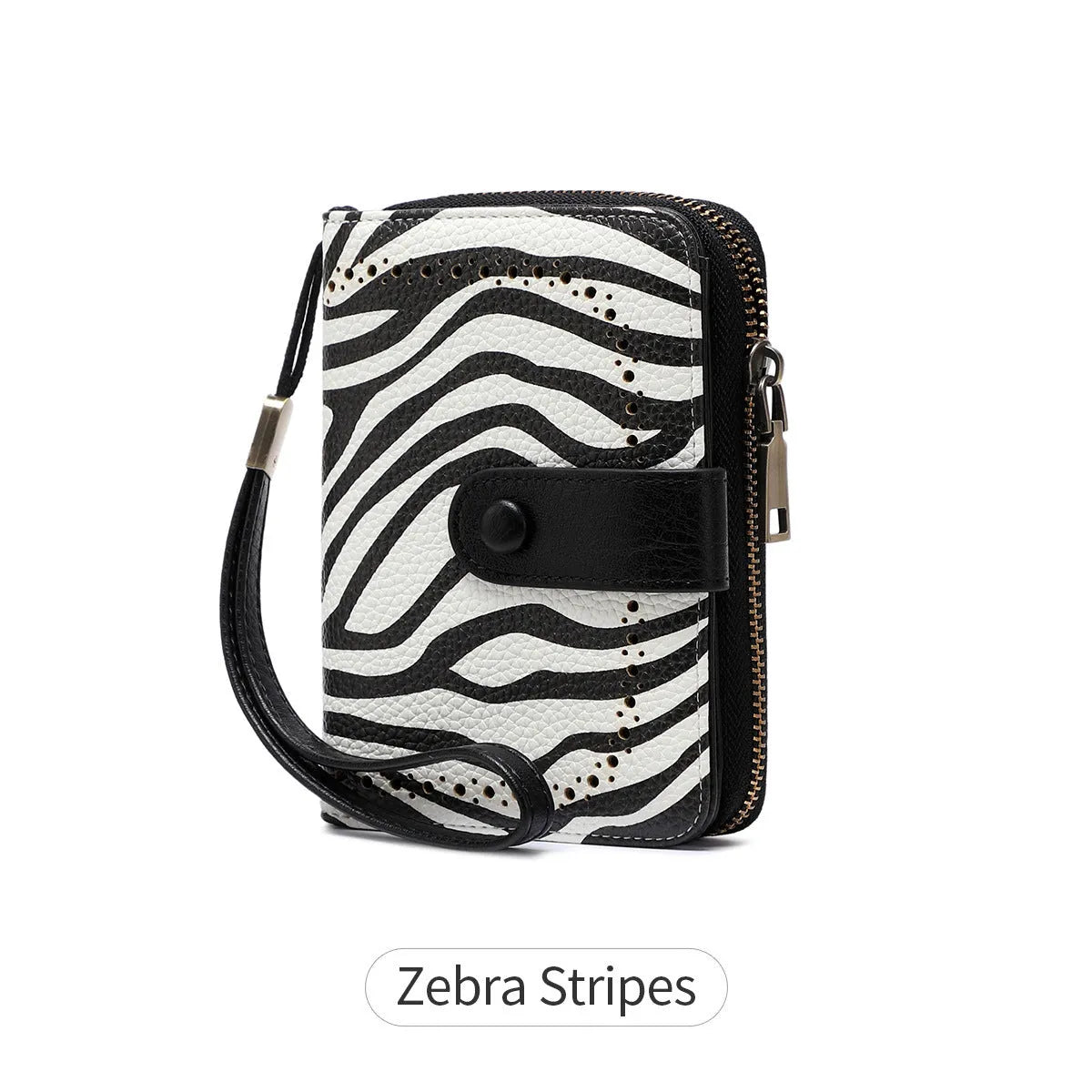 Small leopard print wallet with zipper closure showing stitching details