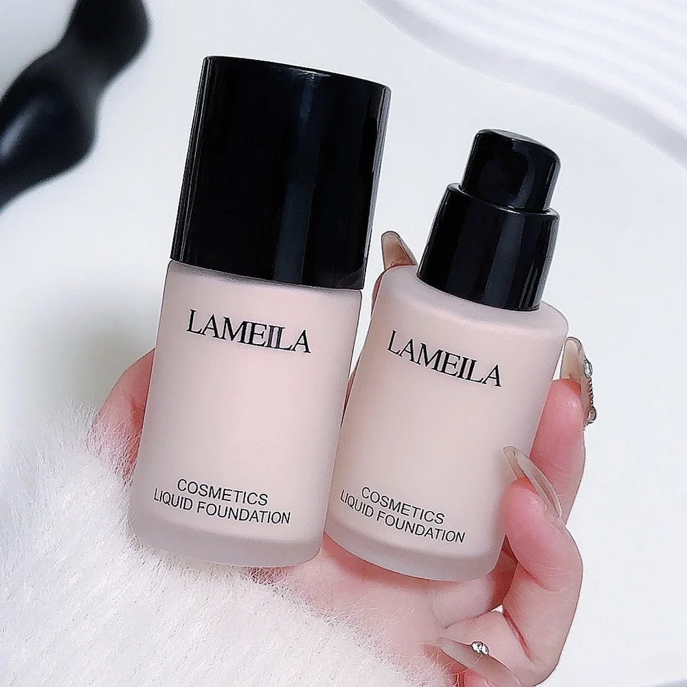 Moisturising concealer foundation bottle showing liquid texture with four shade options for skin tone correction
