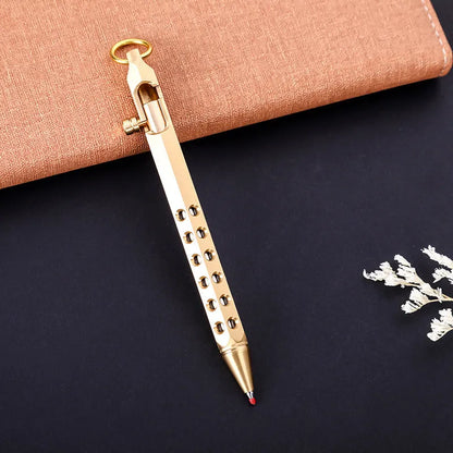 Brass hexagonal bolt pen with retro design showing 6-angle construction and 0.5mm writing tip