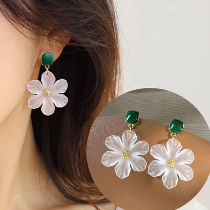 Dark green sweet flower design alloy earrings with needle construction for female wearers