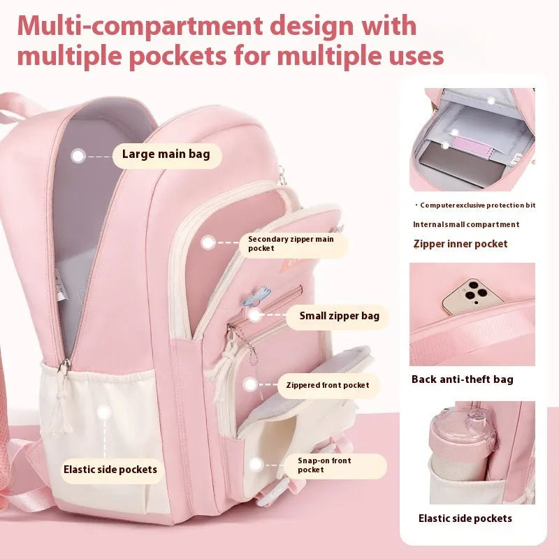 Pink waterproof Oxford cloth school backpack for girls with curved straps on a bookshelf.