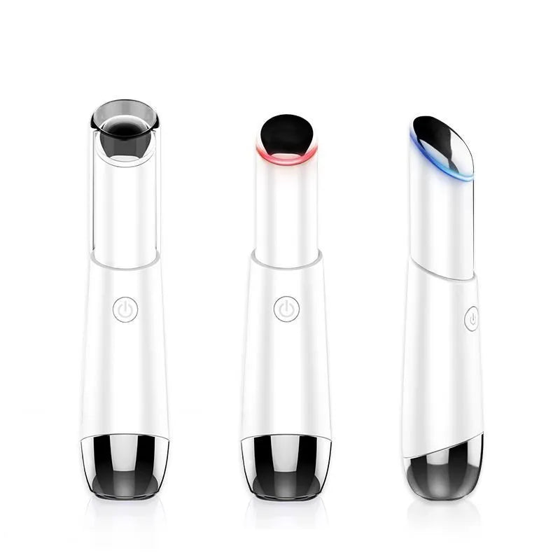Mini electric vibration eye massager pen in pink and white with 40°C thermal head and USB charging cable