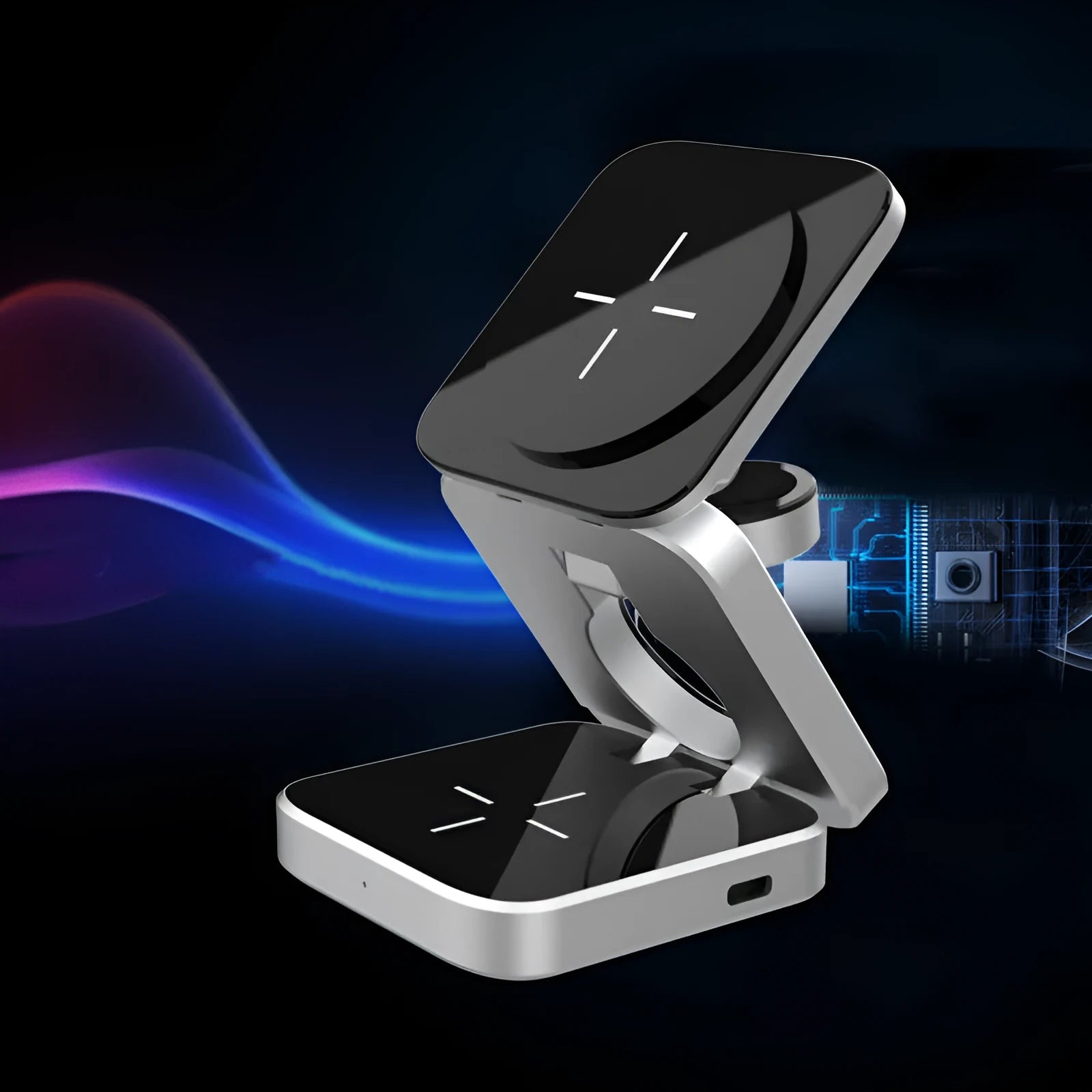 Silver foldable 3-in-1 wireless charging station for iPhone, Apple Watch and AirPods