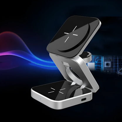 Silver foldable 3-in-1 wireless charging station for iPhone, Apple Watch and AirPods