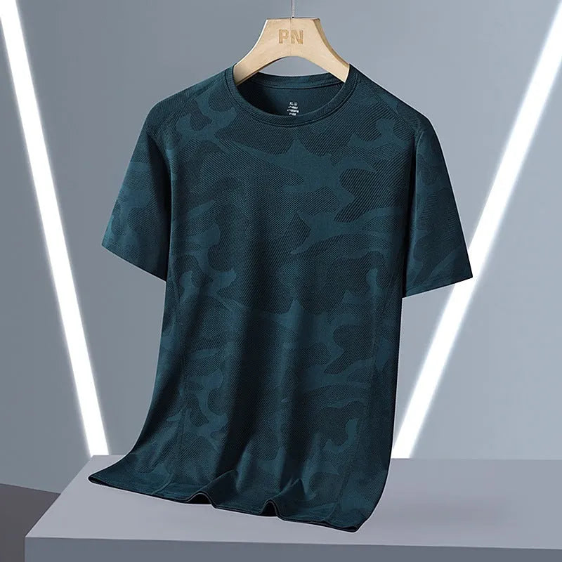 Men's camouflage pattern quick-dry summer top in nylon fabric with round neck and short sleeves