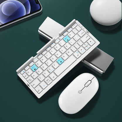 Silver aluminium folding Bluetooth keyboard with phone stand showing open and closed positions
