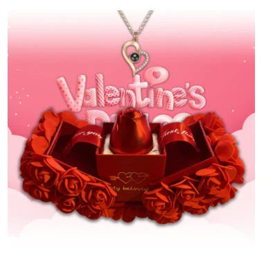 Eternal Rose Jewelry Gift Set with handmade preserved roses, crystal pendant necklace, and elegant presentation box