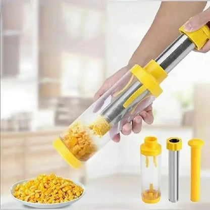Yellow cylindrical corn stripper kitchen tool with ABS plastic and stainless steel construction