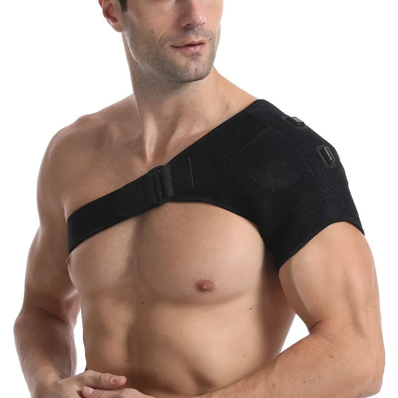 A grey free-size USB electric heating shoulder pad showing the plug and padded construction.