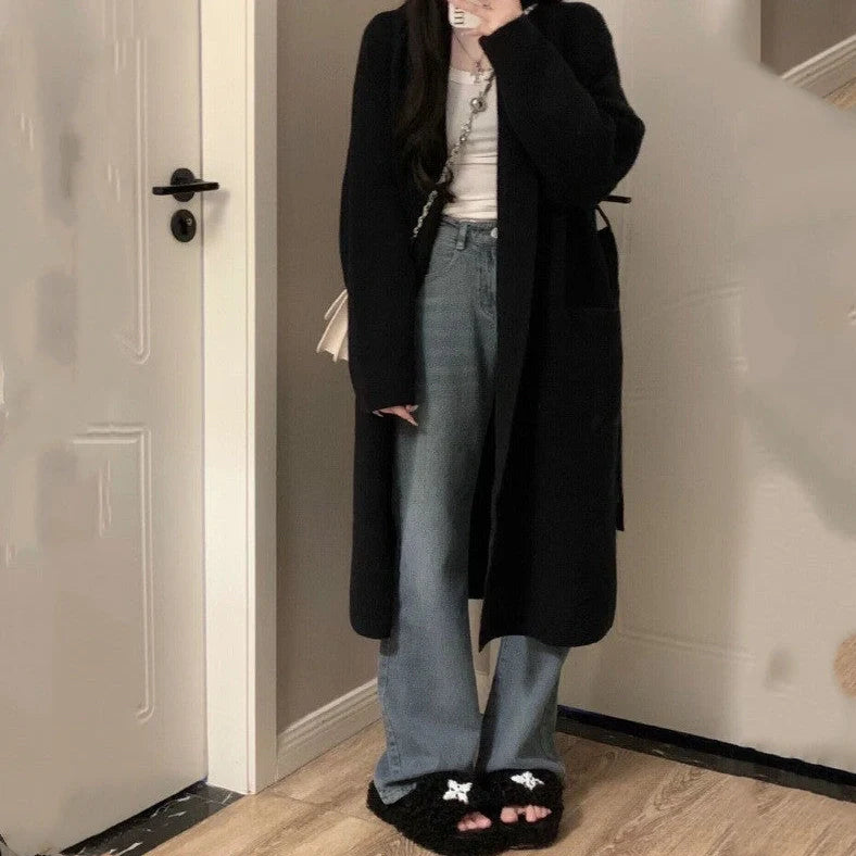 Dark grey loose knitted women's cardigan with 3D pattern texture, 65cm length with long sleeves
