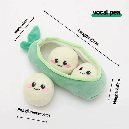 Interactive squeaky dog toy for puppies and small breeds in a choice of Banana Monkey, Carrot Rabbit, Durian, or Pea shape