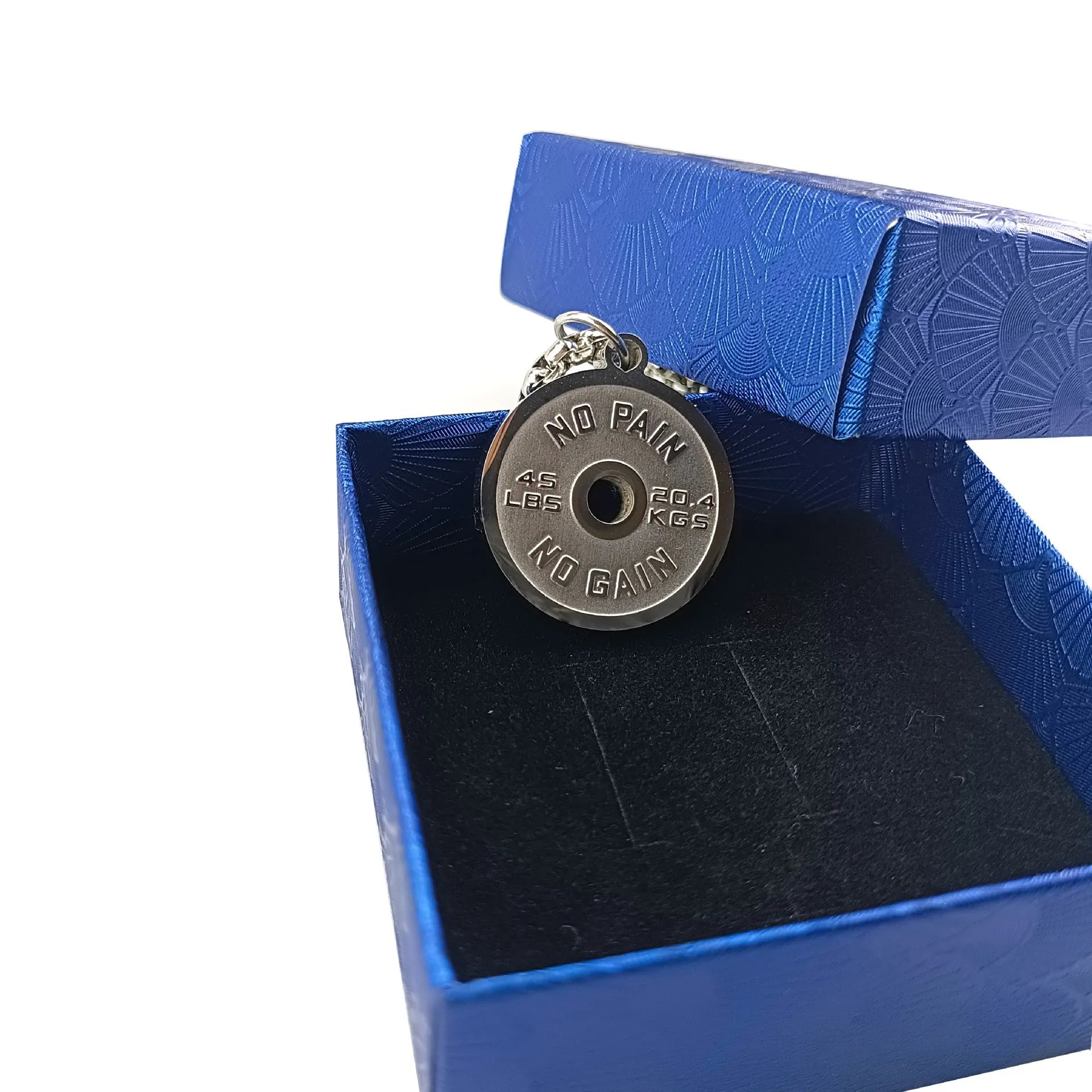 Stainless steel barbell disk necklace with polished pendant on 60cm chain