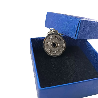 Stainless steel barbell disk necklace with polished pendant on 60cm chain