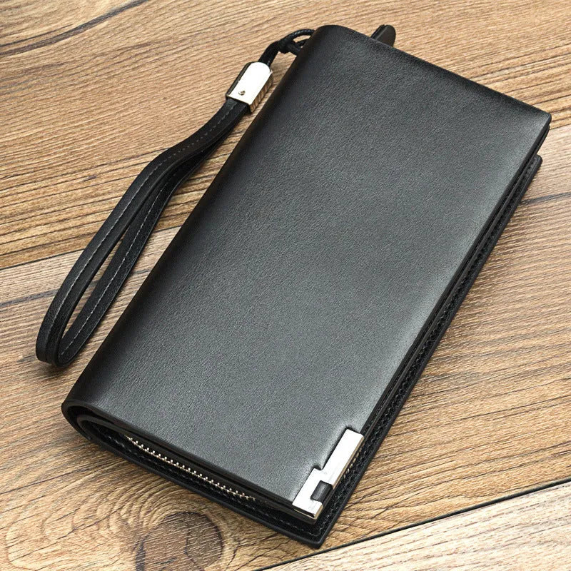 Men's long black PU leather zip wallet open showing card slots and cash compartment