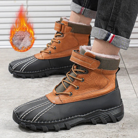 Rugged winter snow boots with warm fleece lining and durable rubber outsole for traction on snow and ice