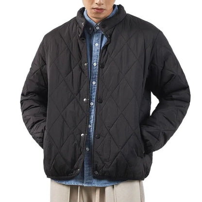 Men's black diamond lattice quilted winter jacket with a long 100cm length and loose fit.