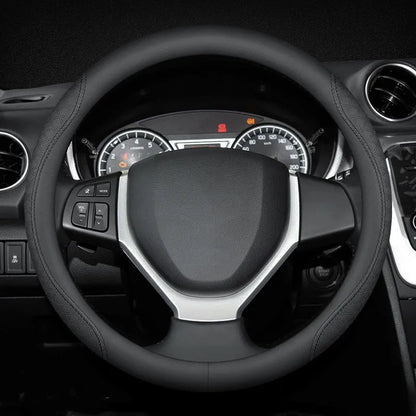 Black universal car steering wheel cover with a Napa leather texture and a two-colour line design, showing a 38cm diameter.