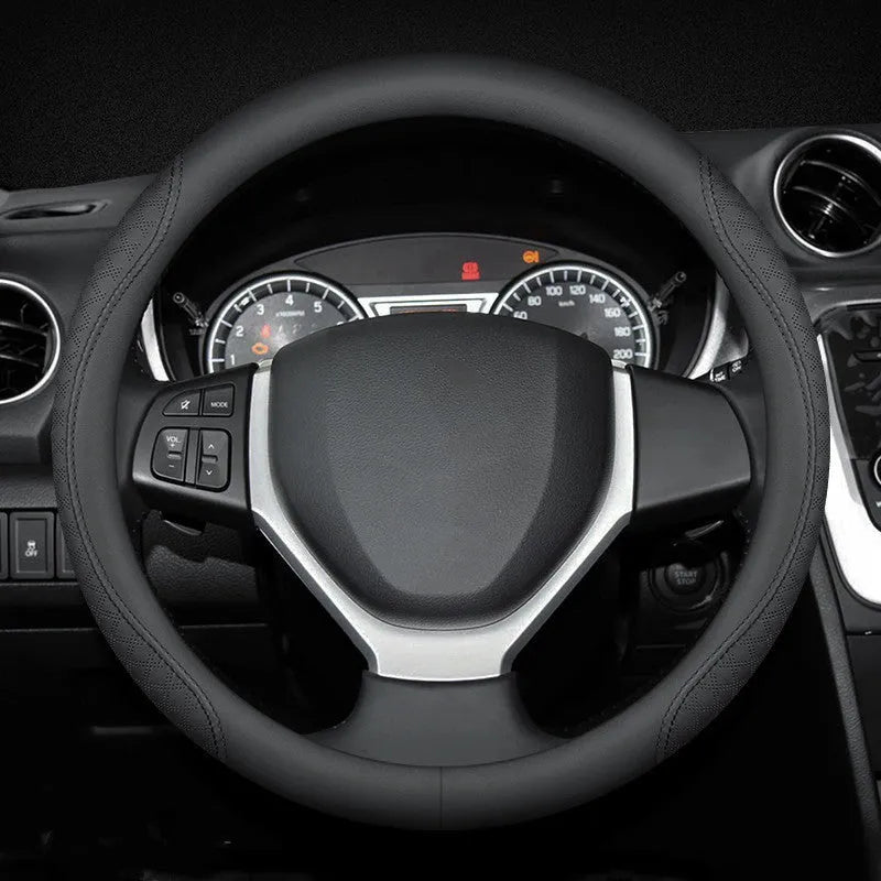Universal Leather Car Steering Wheel Cover, 38cm Outer Diameter, Ultra-Thin Breathable Non-Slip Design, Classic Style for All Seasons and Car Models, Black Two-Colour Line or Solid Black