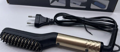 Premium hot hair straightening brush with dual temperature settings, ceramic teeth, and 360-degree swivel cord for men's beards and hair