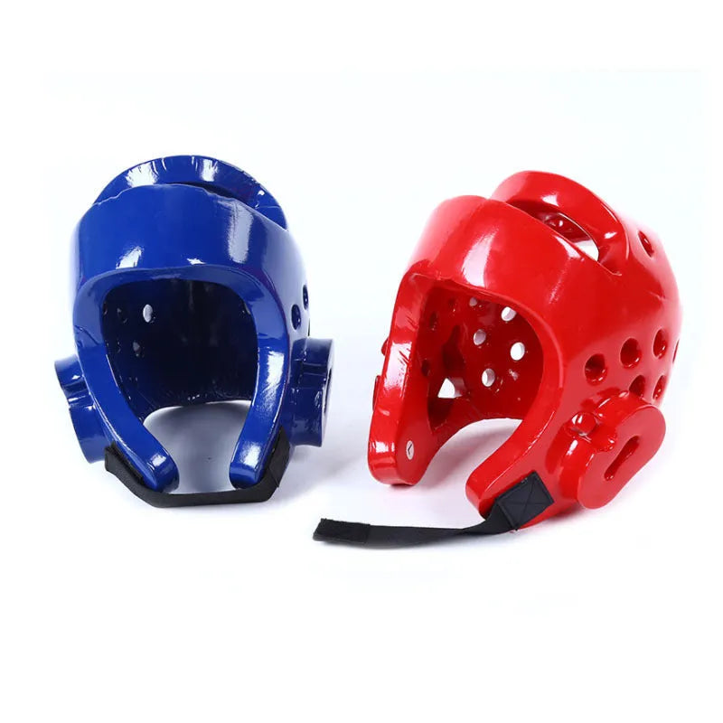 Red and blue karate taekwondo protective gear set with leg guards, helmet, and boxing gloves.