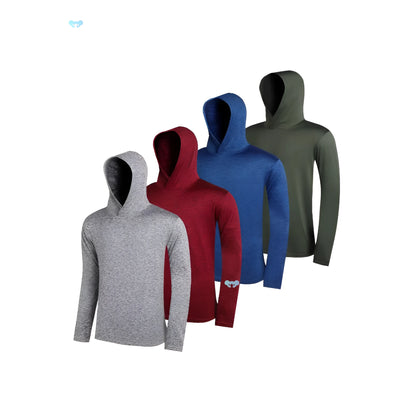 Four coordinated men's hoodies in lightweight elastic polyester fabric showing hooded and non-hooded style options