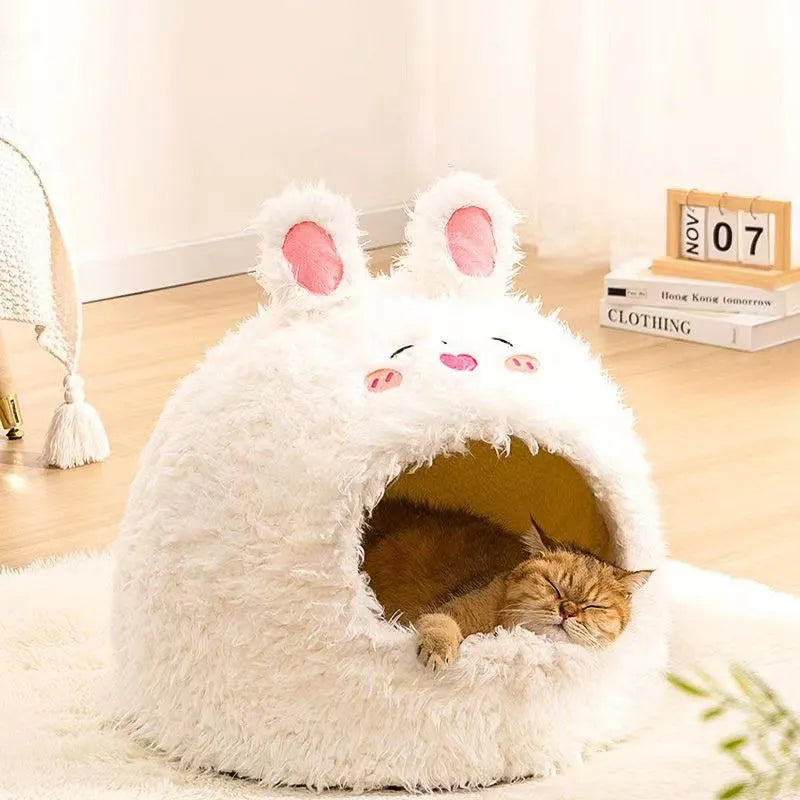 Semi-enclosed yurt-style cat litter kennel tent with plush fleece lining and animal print cover