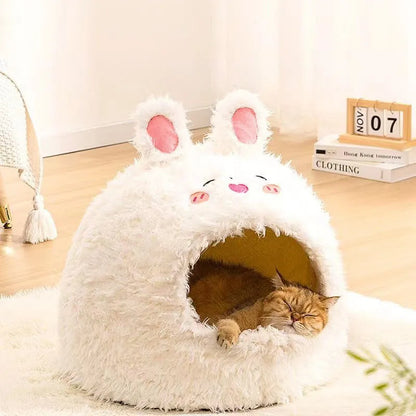 Semi-enclosed yurt-style cat litter kennel tent with plush fleece lining and animal print cover