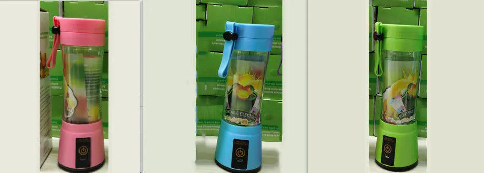 Portable USB blender with six blades in pink colour option showing cup and charging cable