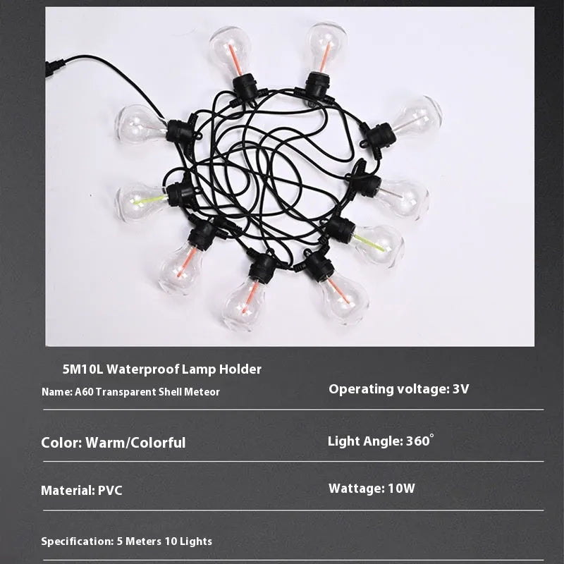 Outdoor waterproof string lights with 10 A60 clear meteor bulbs on 5m cable