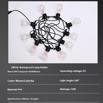 Outdoor waterproof string lights with 10 A60 clear meteor bulbs on 5m cable